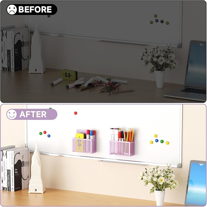 Marbrasse Magnetic Dry Erase Marker Holder, Mesh Pen Holder for Whiteboard，Magnet Pencil Organizer Storage for Refrigerator Locker Accessories Organizer for Home, School and Office (Purple 4p)