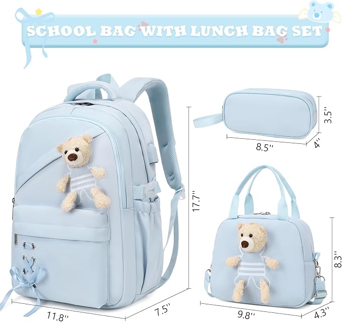 ACESAK School Backpack for Girls - 3 PCS Cute Girls Backpack with Lunch Box & Pencil Case - Kawaii Casual Kids Bookbag School Bag Daypacks Set for Elementary Middle High School Student Teens (Blue)