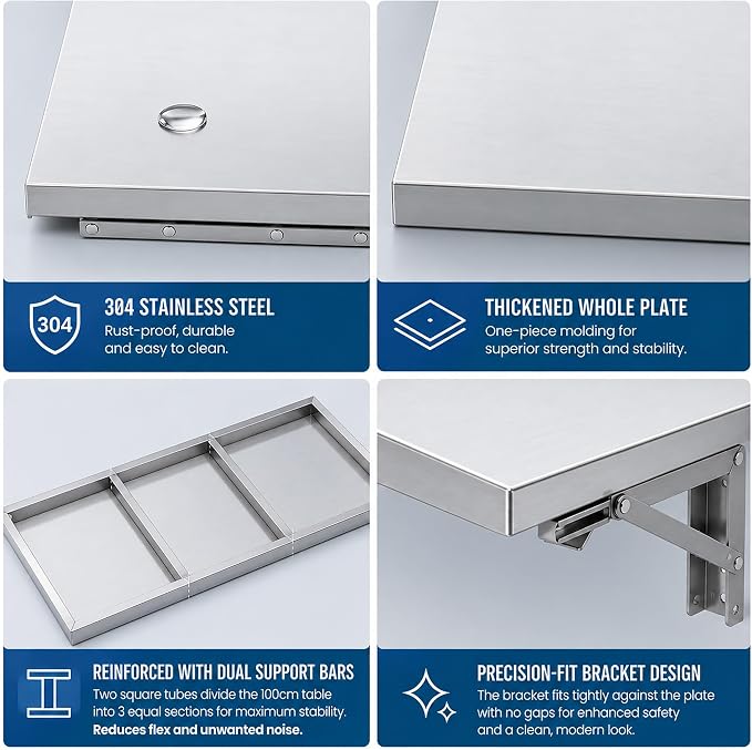 Wall Mounted Folding Table,304 Stainless Steel Wall Folding Desk,Floating Table for wall,Laundry Room Folding Table,Home Bars and Dining Establishments(100x40cm /39.4"x15.7")