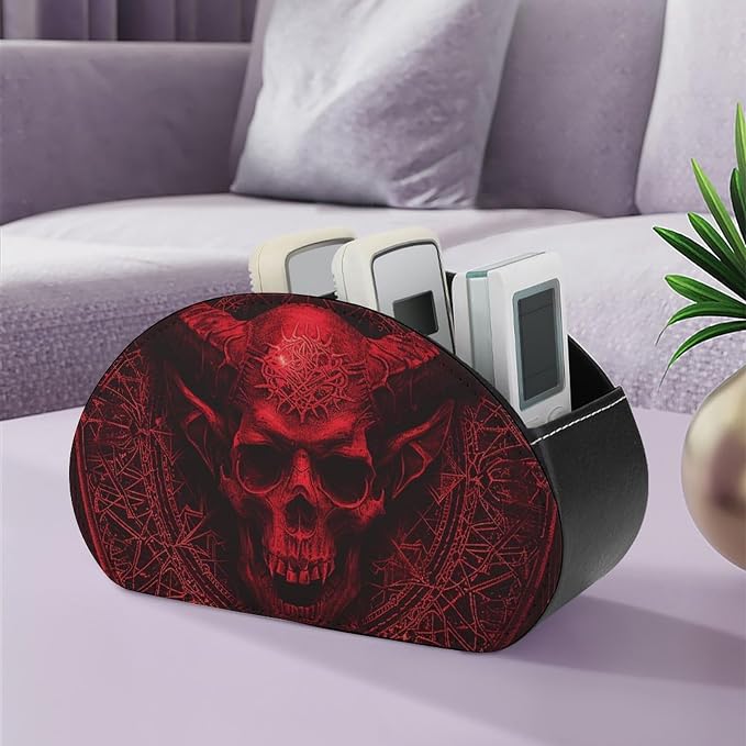 Demon Skull And Horns Remote Organizer Caddy for Table Remote Control Holder Leather TV Remotes Holder with 5 Compartments Remotes Caddy Media Storage Box for Desktop Organization