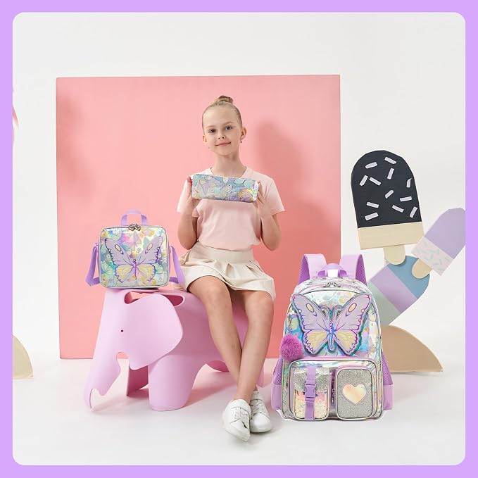 Meetbelify Backpack for Girls Backpacks with Lunch Box Pencil Case for Elementary Student Kids School Travel Bag for Girls Ages 6-8 Years Old