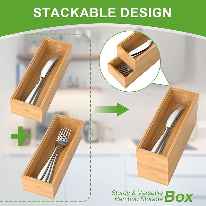 Lixple Bamboo Drawer Organizer – Set of 2 Stackable Storage Boxes, Silverware Tray & Small Gadget Holder for Kitchen Drawers, 9" x 3" x 2" (Outer), 8.3" x 2.3" x 1.77" (Inner)