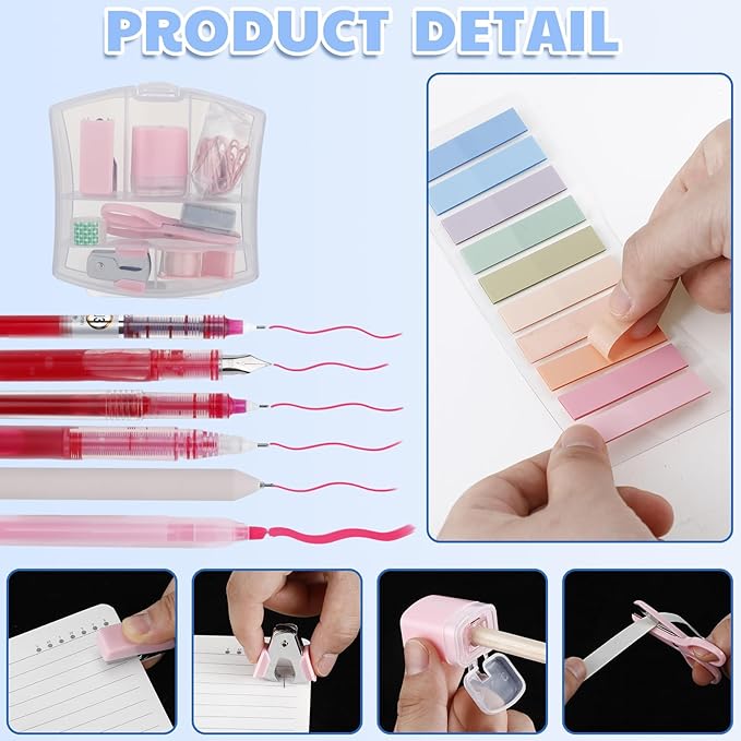 Colarr Mini Office Supply Kit Include Stapler Tape Dispenser Staple Remover Paper Clip Scissor Staple Pen Sharpener Note Small Telescopic Knife for Office Back to School Supplies Student Clerk(Pink)