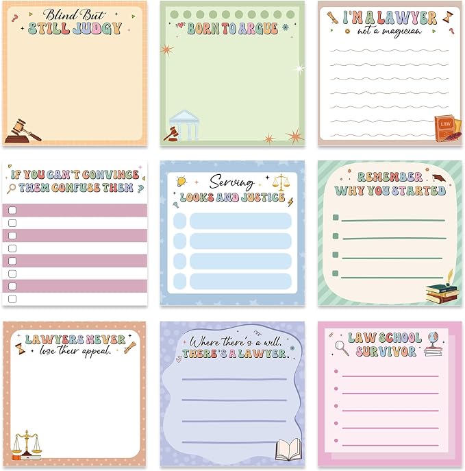 Lawyer Sticky Notes Gifts, 9 Pack Attorney Notepads 3x3 Inches Lawyer Gifts for Women Men, Law Themed Self-Stick Memo Pads, Legal School Office Supplies (450 Sheets)