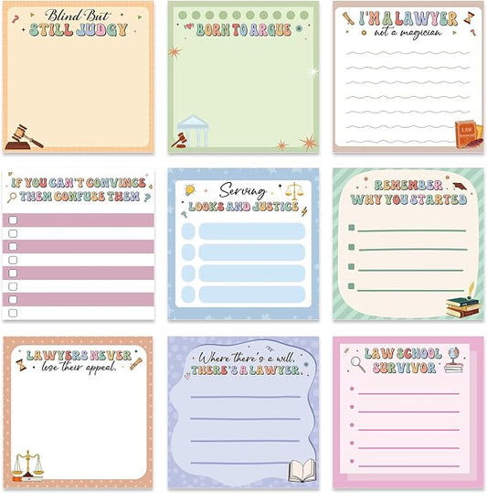 Lawyer Sticky Notes Gifts, 9 Pack Attorney Notepads 3x3 Inches Lawyer Gifts for Women Men, Law Themed Self-Stick Memo Pads, Legal School Office Supplies (450 Sheets)