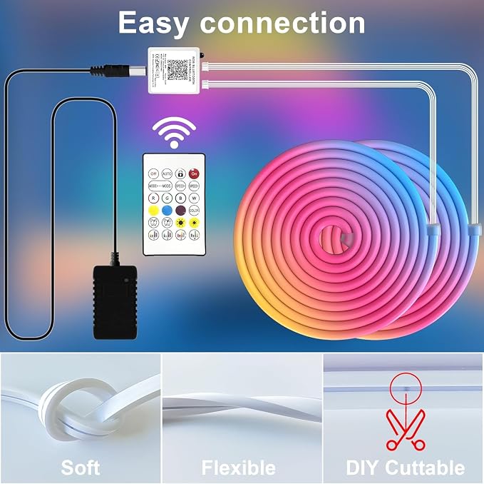 Cozylady RGB Neon Light LED Rope Light,Waterproof Bluetooth APP Remote Control Music Sync Strip Light,24V Flexible DIY Silicone Light for Bedroom Home Indoor Outdoor Decoration (50Ft/15M)