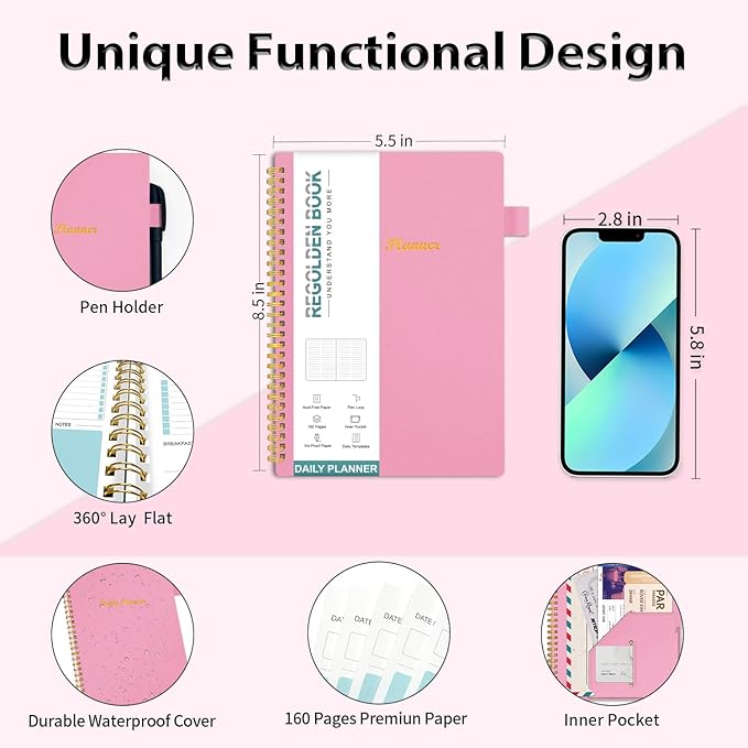 Daily Planner Undated, To Do List Notebook with Hourly Schedule Calendars Meal, Spiral Appointment Organizers Notebook for Man/Women, Pocket, Pen Loop, 160 Pages (5.5x8.5")