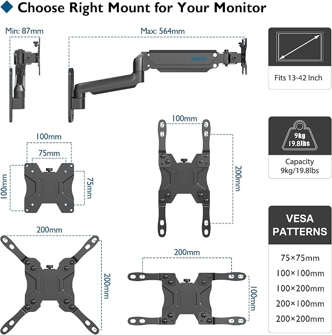 BONTEC Monitor Wall Mount Arm, VESA Gas Spring Height Adjustable, for 13-42 Inch Screens, Max 19.8lbs, Swivel, Tilt, Space-Saving Desk Mount, Easy Installation, Single Arm TV Mount, Max VESA 200x200