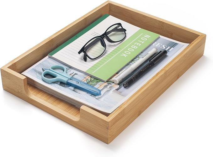 Bamboo Letter Tray, Wood Desk Tray, Wooden Desk Organizer, A4 Paper, Document, File, Mail, Magazine Storage Basket for Office, Classroom, Home Desktop