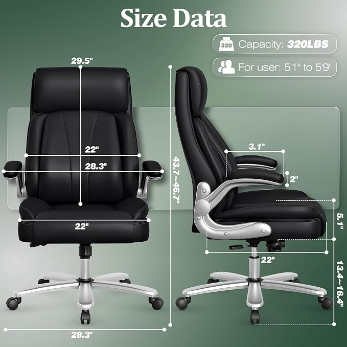Executive Office Chair, Ergonomic Desk Chair, 500lbs Heavy Duty Comfy Computer Chair with Adjustable Lumbar Support, Flip-up Arms, Wide Thick Seat, High Back Office Chair for Back Pain