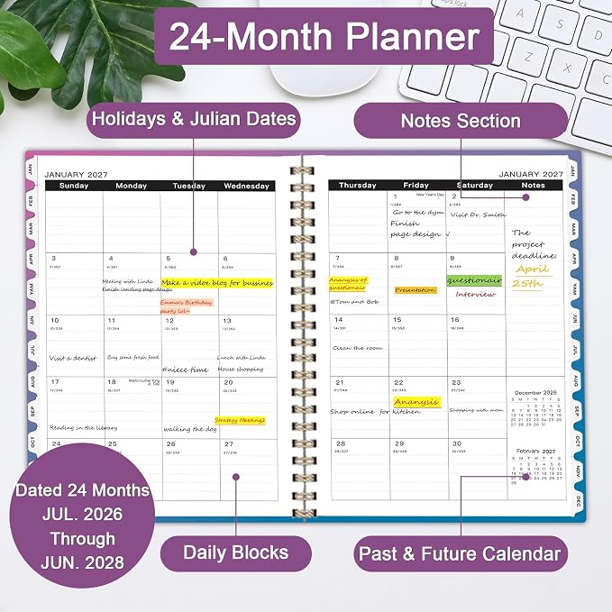 2026-2028 Monthly Planner - 2 Year Monthly Planner Calendar 2026-2028, Jul 2026 - Jun 2028, 8.5" x 11", 24 Months, Spiral-Bound, Tabs, Holidays, Notes, Ideal for School Office Home Planning