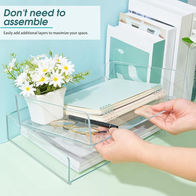 Yulejo 2 Pcs Stackable Acrylic Desk Organizers Paper Tray Storage Tier Accessories Paper File Office Organizer Tray Stackable Document Clear Desk Accessories for Office Workspace Organization