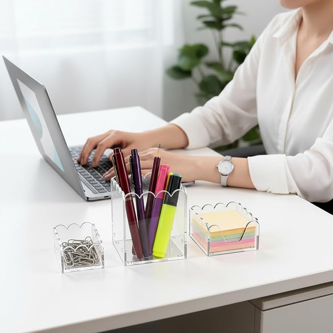 Acrylic Desk Organizer Set of 3,Magnetic Modular Pen Holder with Sticky Note & Paperclip Tray, Clear Aesthetic Desk Accessories for Home Office, Desk Decor for Women Men, Small Space Office Supplies