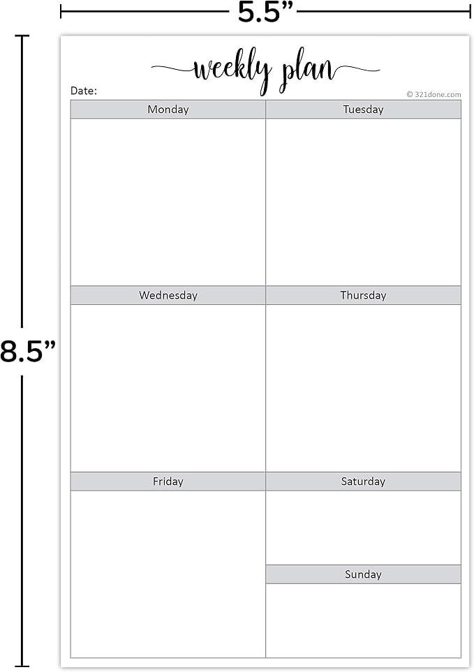 321Done Blank Week Planning Pad - 50 Sheets (5.5" x 8.5") - Weekly Days of Week Notepad, Planner Organizing - Made in USA - Simple Script