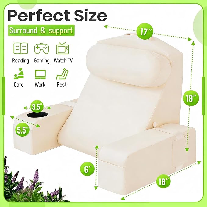 19 INCH Reading Pillow for Adults, Back Pillow for Bed Sitting Up, Backrest Pillow for Sitting in Bed, Detachable Arms with Built-in Cup & Phone Caddy (Beige, 19 INCH)