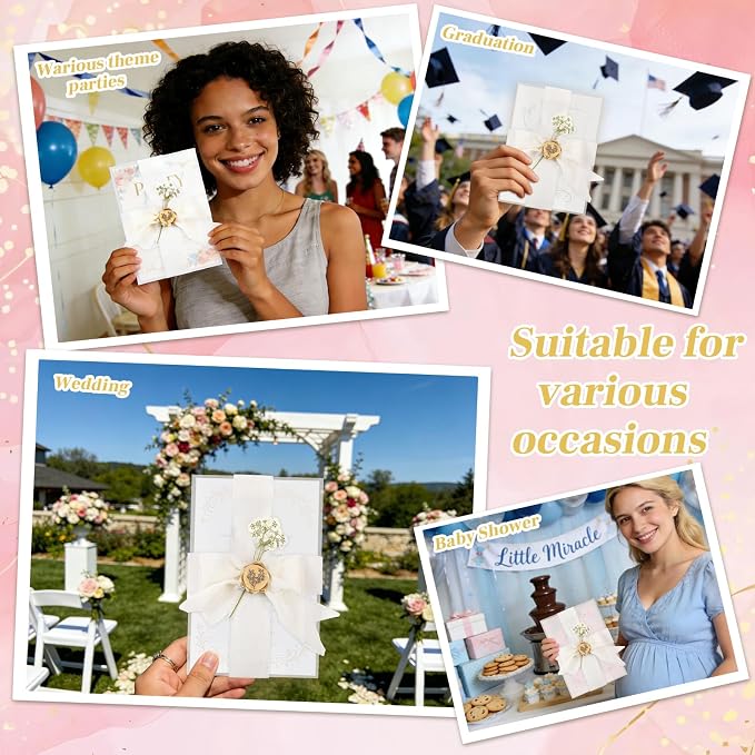 Wedding Invitation Accessories Kit, Pre-Folded Vellum Jackets for 5×7 Invitations with Wax Seal Stickers, Ribbon & Dried Flowers, Elegant Wedding Invitation Accessories for DIY Bridal Invites (Off-White, 100)