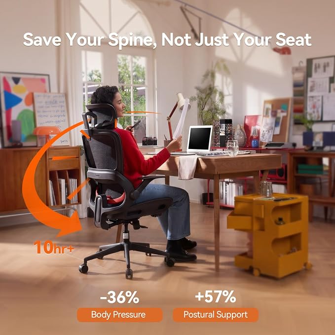 SIHOO B100 Office Chair, Ergonomic Office Chair Without Footrest, Computer Chair with Wide Headrest & Adaptive Lumbar Support, Flip-up Armrests, Swivel Desk Chair for Long Hours, Black