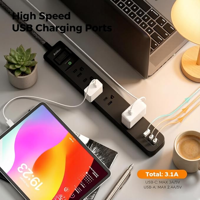 Addtam 2 Pack Power Strip Surge Protector – 5 Wide Spaced Outlets 3 USB (2 USB-C) Charging Ports, 1875W/15A, 5ft Braided Cord, Flat Plug, Overload Surge Protection, Wall Mount for Home, Office & Dorm