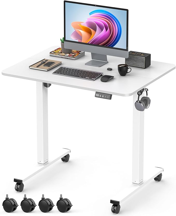 32" Small Electric Rolling Standing Desk Adjustable Height, Mobile Sit Stand up Desk with Lockable Casters for Home Office & Computer Workstation, Splice Board, 2 Hooks, White Frame/White Top