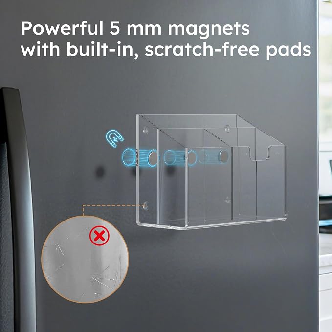 AITEE Magnetic Pen Holder for Refrigerator, Whiteboard & Locker (Small) | acrylic, 3-magnet organizer, non-slip pads, holds markers, pens, scissors, notes, accessory for office, classroom, kitchen