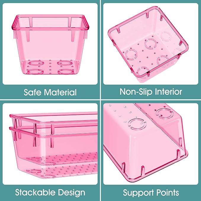 WOWBOX 25 PCS Plastic Drawer Organizer Set, 4 Sizes Desk Drawer Divider Organizers and Storage Bins for Makeup, Jewelry, Gadgets for Kitchen, Bedroom, Bathroom, Office, Clear Pink