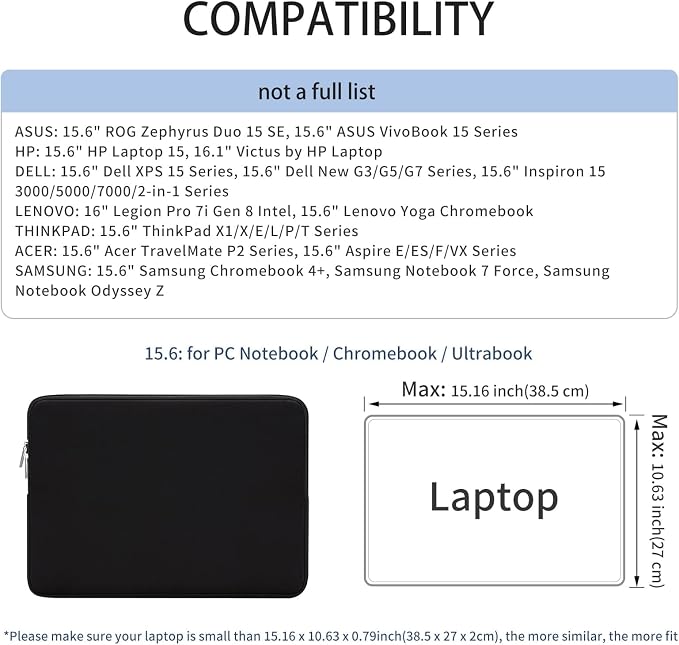 RAINYEAR 15.6 Inch Laptop Sleeve Protective Case Soft Carrying Zipper Bag Cover Compatible with 15.6" Notebook Computer Ultrabook Chromebook (Black)