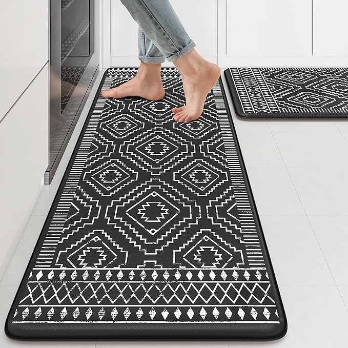 KIMODE Anti Fatigue Kitchen Mat,Black Boho Kitchen Rugs Non Slip Sets of 2,Kitchen mats for Floor Cushioned,Morocco Geometric Memory Foam Cushioned Standing Mats for Sink,Laundry,Office