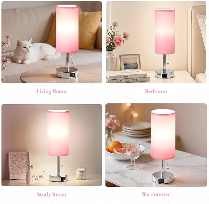 Dicoool Small Bedside Table Lamp for Bedroom, Pink Nightstand Lamp for Girls Kids, 3 Color Temperatures & USB Charging Port, Cute Desk Lamp for Teens Room Decor, Dorm Room Essentials