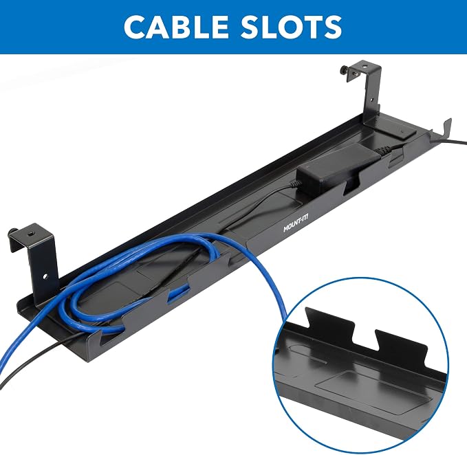Mount-It! Premium Under Desk Cable Management Tray – 23" Heavy-Duty Steel Cable Tray & Cord Basket for Standing Desk & Home Office, Secure Crossbar or Screw Mount Wire Organizer (Black)