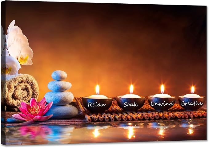 Zen Wall Art Lotus Flower Decor Breathe Canvas Picture Candles Relaxing Peaceful Poster Prints for Zen Spa Room Living Room Bedroom(16.00" x 24.00")
