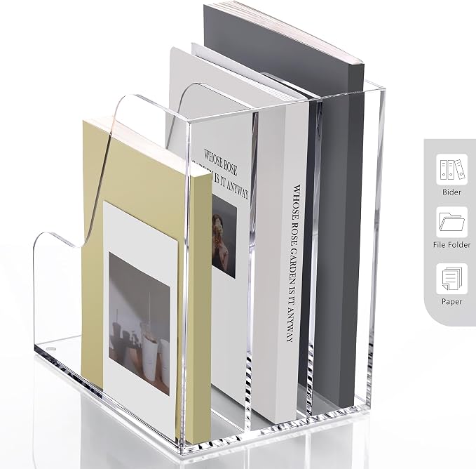 SANRUI Clear Vertical Magazine File Holder, Acrylic Desk Organizer and Storage Bins Holding for Magazines Binders, Notebooks, Envelopes A4 Folder Binder Holders Sorter, 3 Compartments
