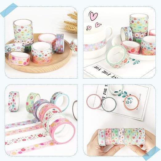 12 Rolls Flower Washi Tape Set, Watercolor Floral Botanical Decorative Masking Tapes, Cute Blooms Adhesive Tapes for Spring DIY Art Crafts Scrapbook Planners School Gift Wrapping Supplies 16.4Ft