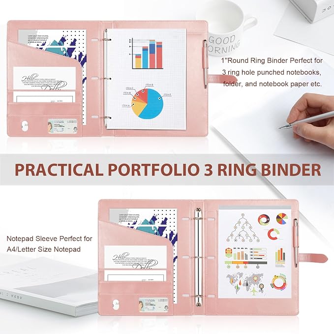 Toplive Padfolio 3 Ring Binder Organizer for Women, Business Portfolio for Women A4 Letter Size PU Leather Folder for Interview Conference Presentation, Rose Gold
