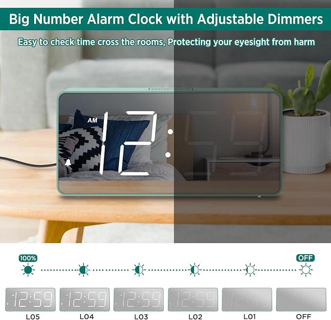 Peakeep Digital Alarm Clock for Bedrooms Bedside, Loud for Heavy Sleepers | Electric Alarm Clock Battery Backup Powered, Mirror Face, Large Numbers 6 Dimmers for Seniors