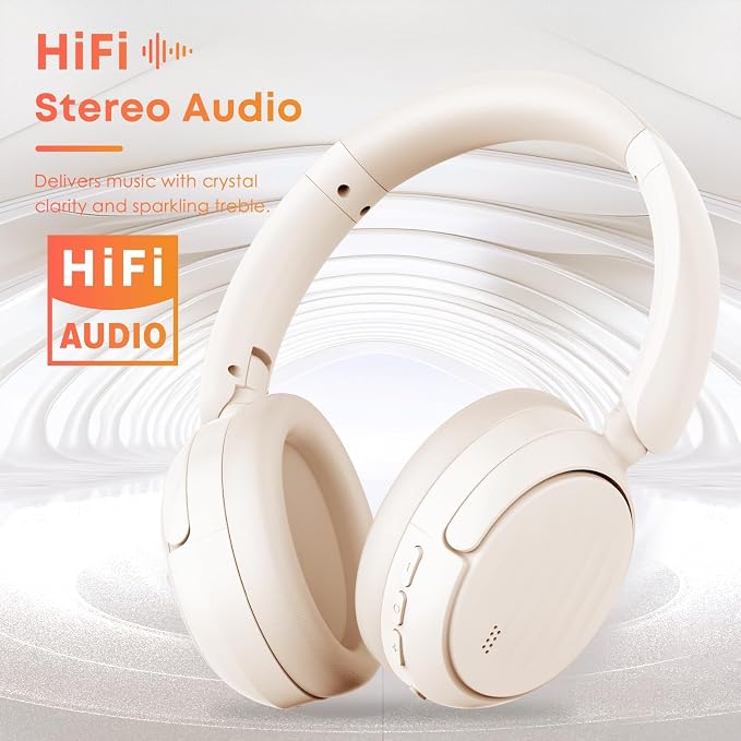 Bluetooth Headphones with Active Noise Cancelling (ANC), Wireless Over Ear Bluetooth Headsets with 35H Playtime, HiFi Stereo Foldable Headphones with Foam Ear Cups for Sports, Travel, White