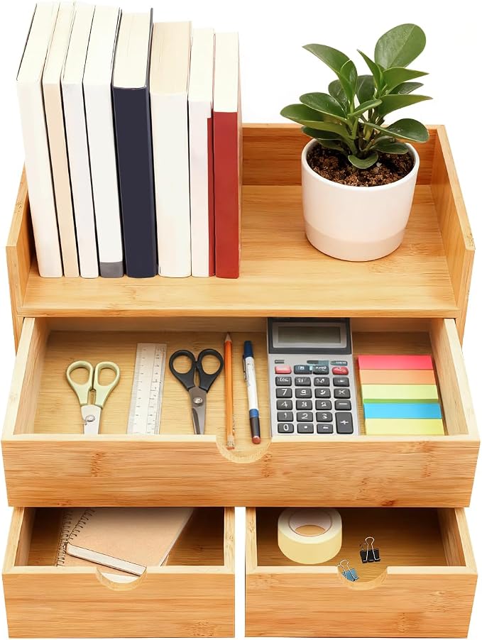 Desk Organizer, Office Vanity Bamboo Desk Organizer, Mini Bamboo Desk Drawer Tabletop Storage Box with 3 Drawer Night Stand Table Organizer for Makeup Vanity Office Supplies (3 Drawer, 1 Top+2 Bottom)