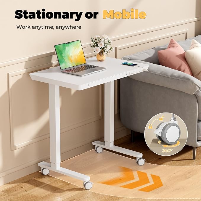 32" Electric Standing Desk with Drawer, Rolling Laptop Desk | Height Adjustable Quick Install One-Piece Tabletop with USB Charging Ports, Sit Stand Computer Desk for Small Space, White