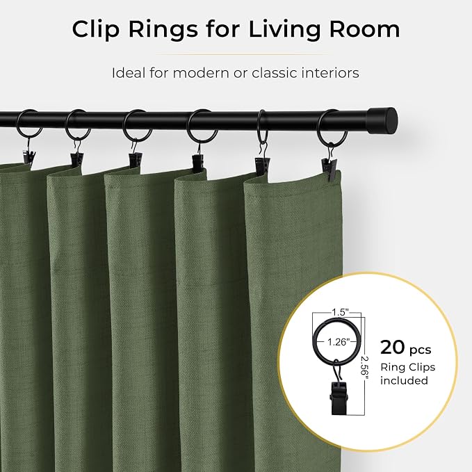 INOVADAY 100% Blackout Curtains for Bedroom, Moss Green Black Out Curtains 108 Inch Long, Clip Rings Linen Blackout Drapes, Thermal Insulated Room Darkening for Living Room, 2 Panels - W50xL108