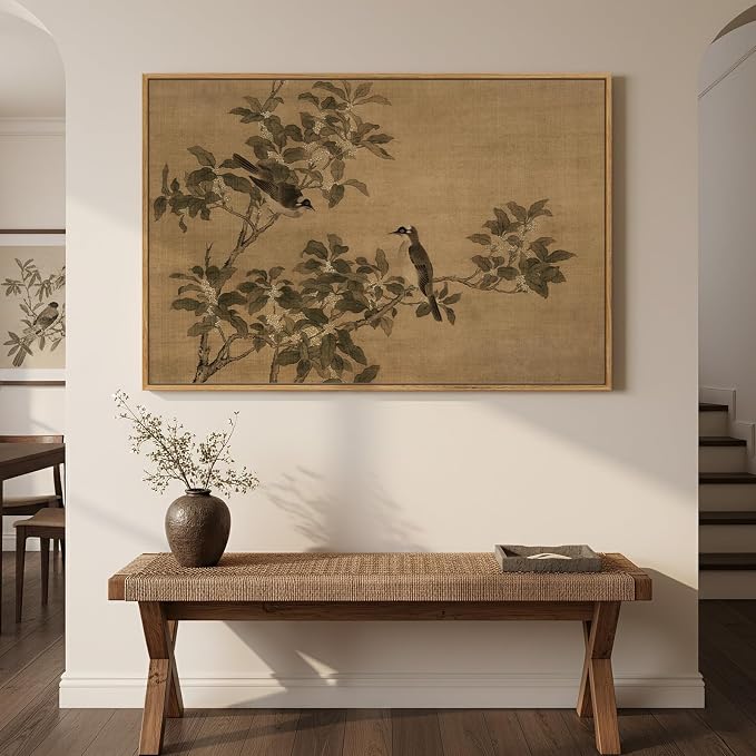 Framed Vintage Botanical Birds on Branch Wall Art, Retro Neutral Still Life Canvas Artwork for Walls, Elegant Rustic Painting Print for Living Room Bedroom Dining Room Office Wall Decor, 36x24 Inch