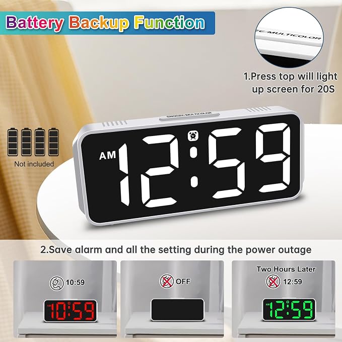 Peakeep Small Cute Digital Alarm Clock Plug in for Kids Bedroom Bedside | 8 Colorful Colors Large Display, Dimmable 6 Brightness, Corded Electric Battery Backup (White - RGB)