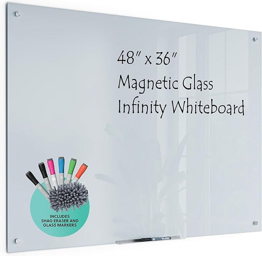 U Brands White Frosted Glass Magnetic Dry Erase Board with Shag Eraser, Markers, and Magnets, Frameless, 18" Tray, 48" x 36"