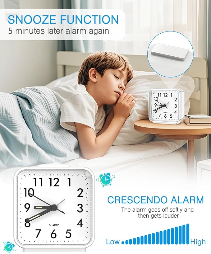 AMIR Analog Silent Non Ticking Small Clock, Travel Analog Alarm Clock | Snooze & Light, Ascending Beep Sounds, Battery Operated Loud Alarm Clock for Bedroom