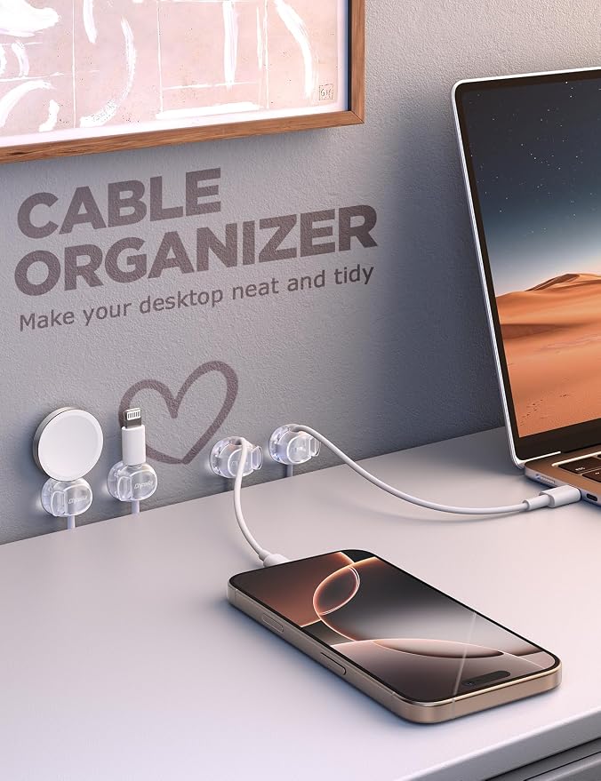 Chfeila 6 Pack Cable Clips, Dorm Room Essentials - Dual Spring Cord Organizer for Cubicle Decor, Cute Desk Organizers and Accessories, Teen Dorm Room Decor, Cubicle Accessories, Nightstand,Clear White