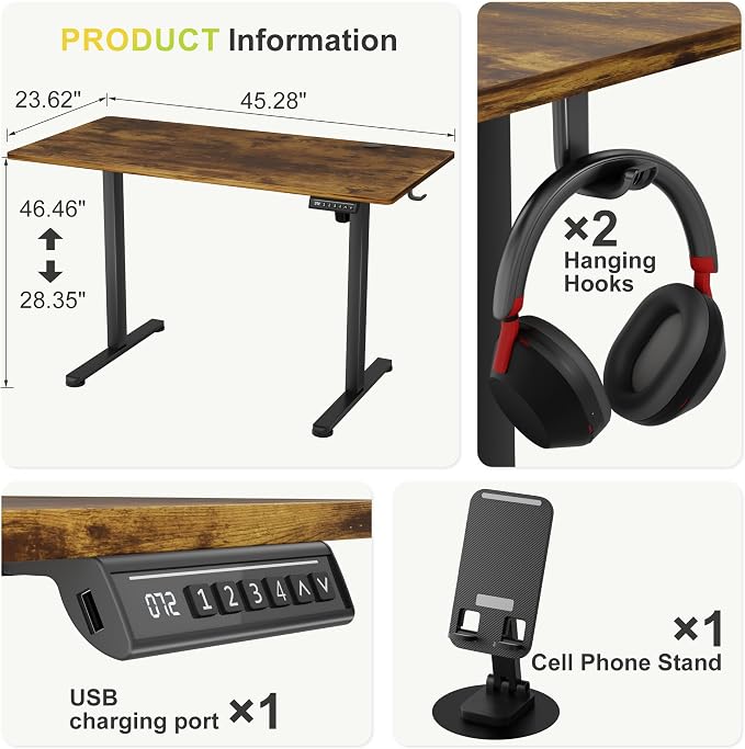 Furmax Electric Standing Desk, 45 x 24 Inches Sit Stand up Desk, Sit Stand Height Adjustable Home Office Desk with 4 Height Position Memory (Rustic Brown, 45)