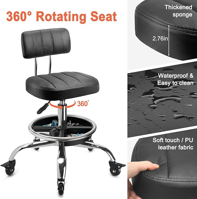 Garage Mechanic Stool with Backrest, Height Adjustable Heavy Duty Swivel Task Chair, Rolling Workshop Stool with Tool Tray Storage, Mechanic Chair for Garage, Shop, Auto Repair (Black)