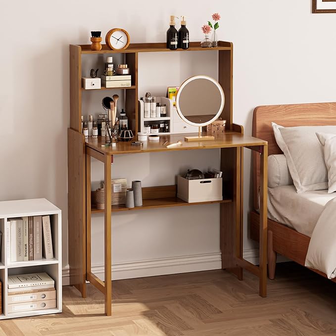 Bamboo Folding Desk for Small Spaces with Storage, Mid Century Foldable Desk with Bookshelf, Small Desks with Storage for Home Office Bedroom, Brown