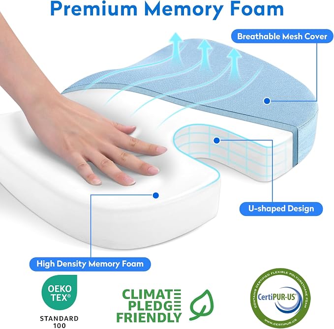 CushZone Seat Cushion, Office Chair Cushions, Car Seat Cushion, Non-Slip Sciatica & Back Coccyx Tailbone Pain Relief Chair Pad, Memory Foam (Light Blue)