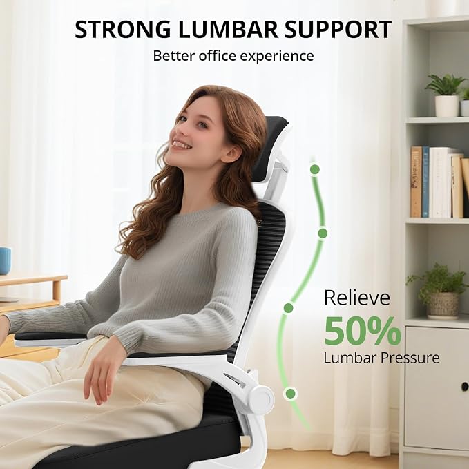 Office Chair Ergonomic Desk Chair, 330LBS Capacity, High Back Computer Design for Long Hours Comfort, Rolling Swivel Executive Task for Home Office with Flip-up Armrests(White Black)