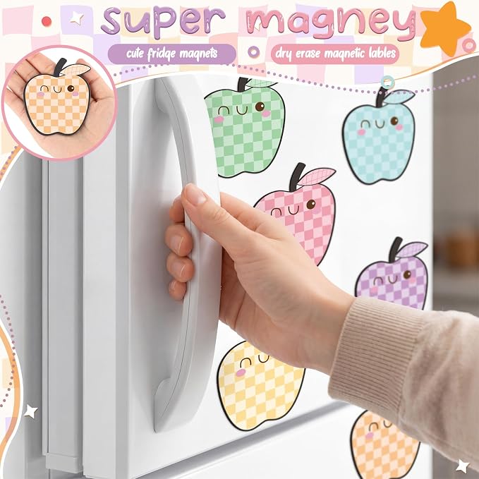 48 Pcs Pastel Fruit Dry Erase Magnetic Labels Colorful Checkerboard Fruit Student Name Tags Magnetic Locker Name Plates Stickers for Back to School Classroom Desks School Whiteboards