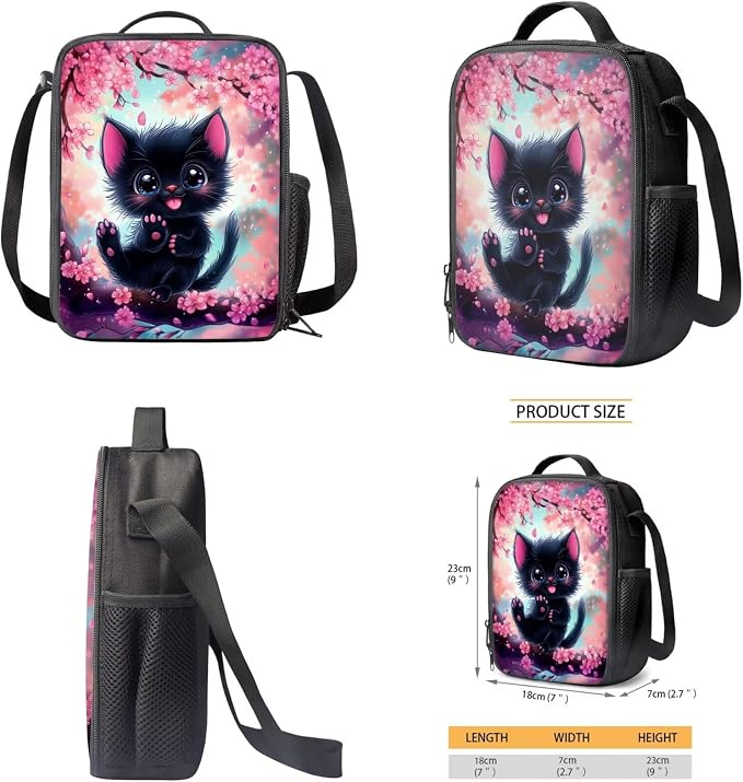 WELLFLYHOM 6-11 Kid 4 In 1 Cute Cat Bookbag Set, 17 Inch Cherry Blossom Backpack with Lunch Box for Girls, Back to School Supplies for Elementary Students, Mochila Para Niñas